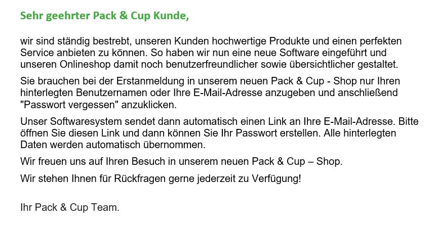 Neues Password für Bestehender Kunde