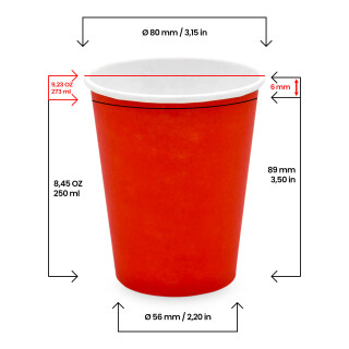 Bio Einwand-Pappbecher Red 250 ml. (9 OZ) 50 Stück